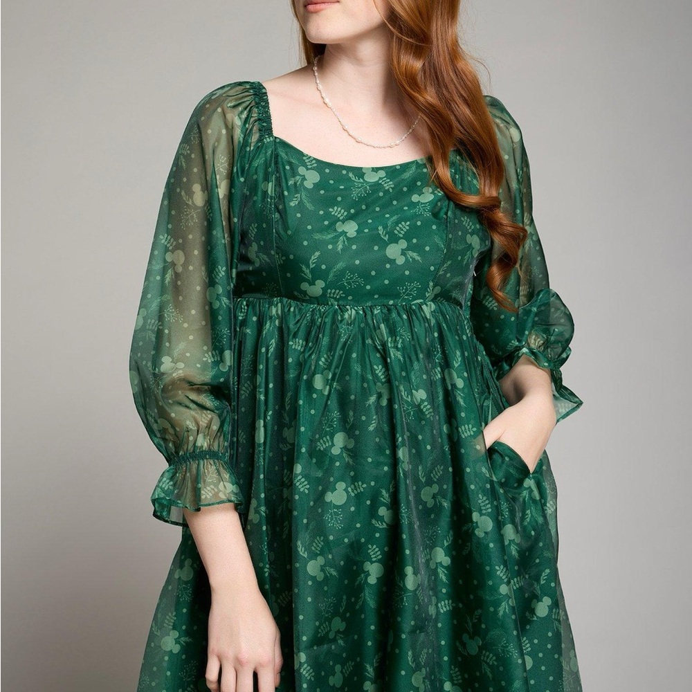 Disney Mickey Mouse Holiday Greenery Allover Print Long Sleeve Smock Dress